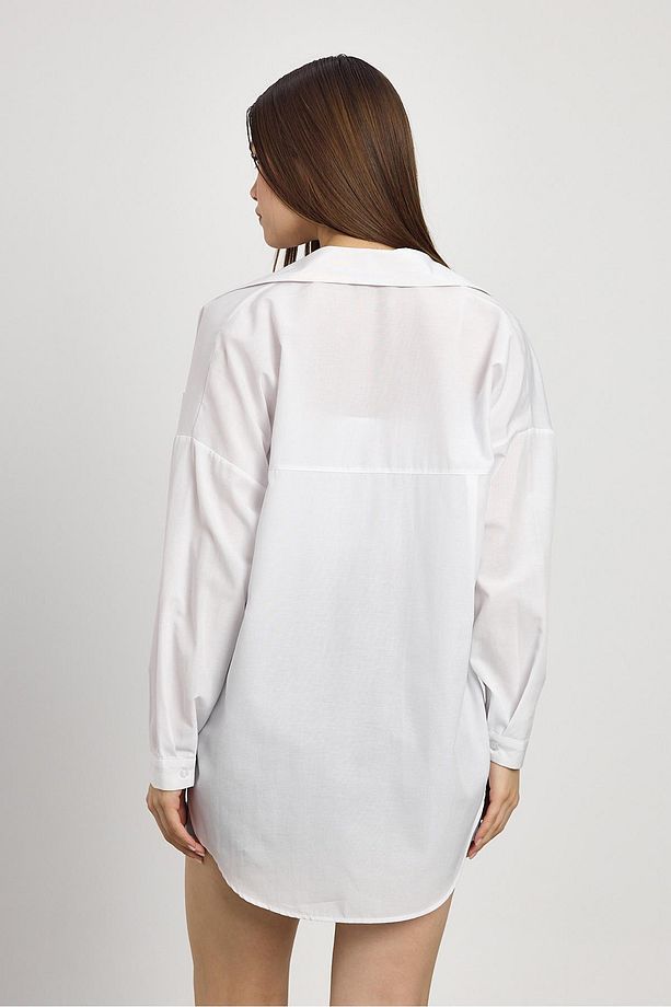Beyaz Çift Cepli Oversize Uzun Basic Gömlek - Tcr-6256a - 5