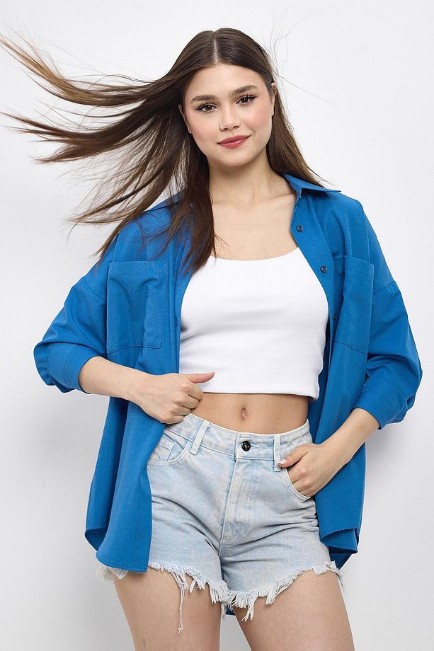 İndigo Çift Cepli Oversize Uzun Basic Gömlek - Tcr-6256a - 6