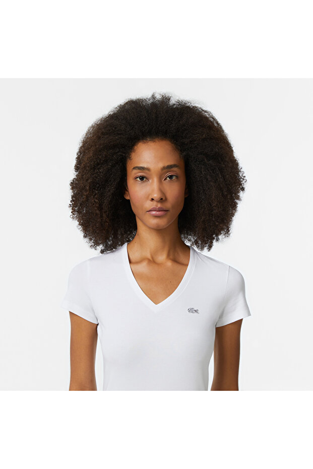 Kadın Slim Fit V Yaka Beyaz T-Shirt - 2