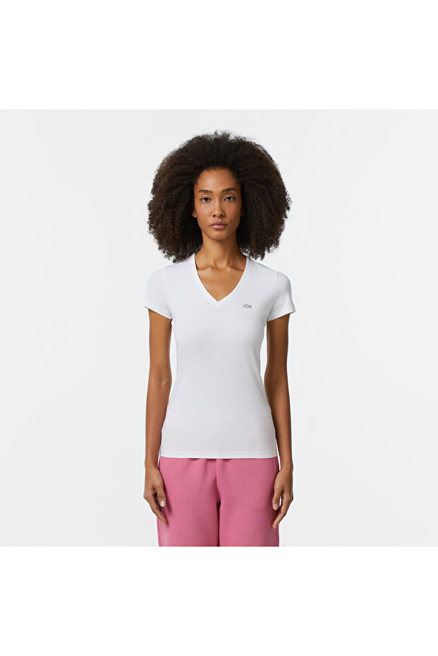 Kadın Slim Fit V Yaka Beyaz T-Shirt - 1