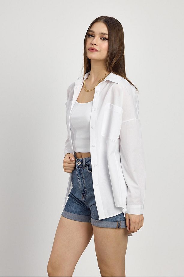 Beyaz Çift Cepli Oversize Uzun Basic Gömlek - Tcr-6256a - 7