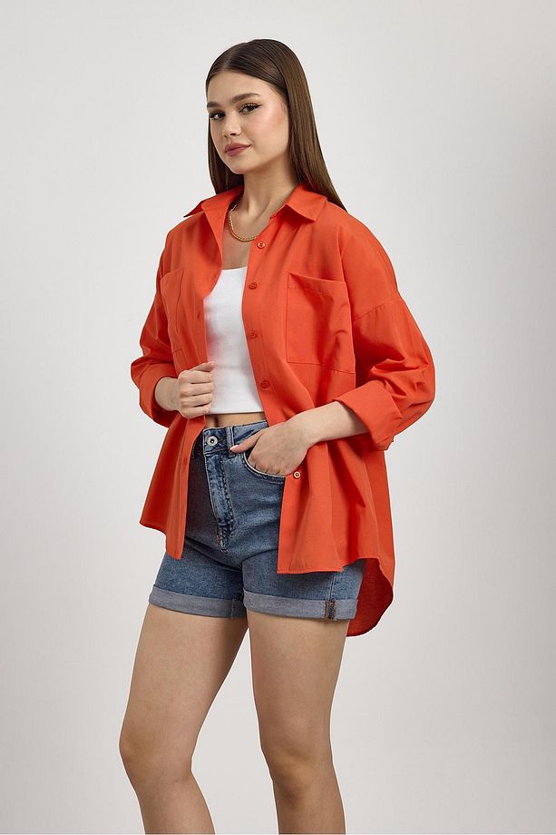 Orange Çift Cepli Oversize Uzun Basic Gömlek Tcr 6256a - 6