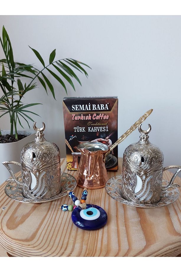 Semai Baba Ahşap Kutulu, Iki Fincanlı, Tek Kişilik Cezveli, Türk Kahvesi Seti Yeni Porselen Bardaklı - 6
