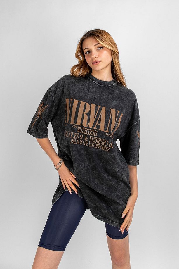 Yıkamalı Nirvana Sırt Baskılı Unisex Oversize Tshirt - 5