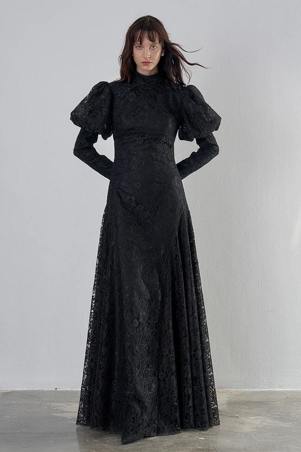 Dantelli Gigot Kollu Vintage Abiye Elbise - 1