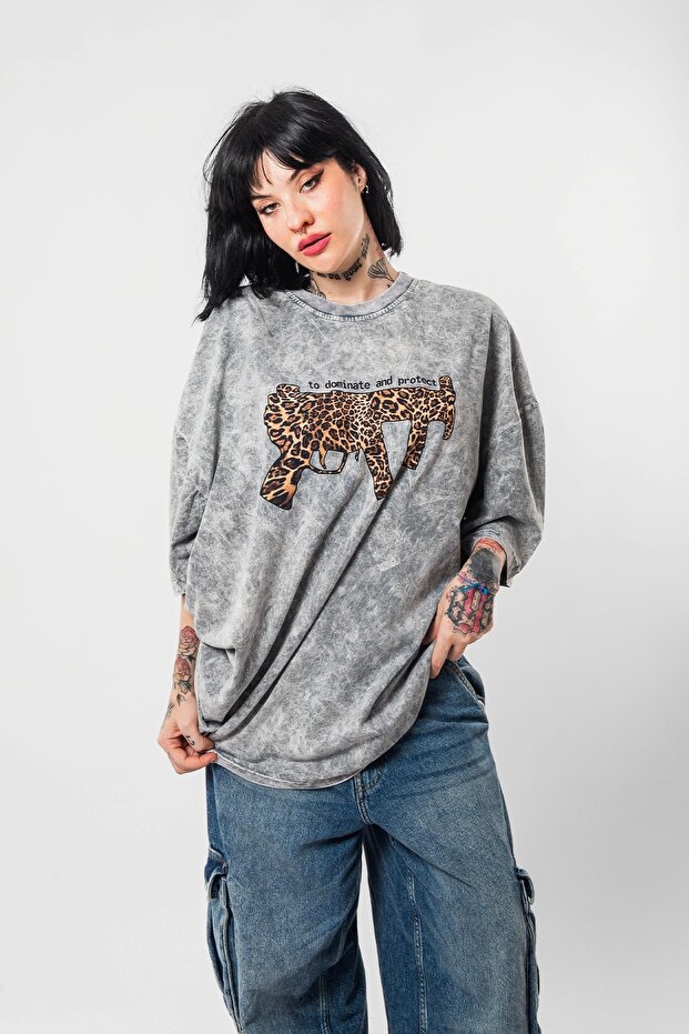 Dominante Leopard Printed Oversize Unisex Washable White Tshirt