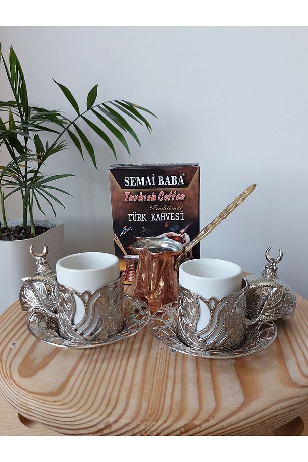 Semai Baba Ahşap Kutulu, Iki Fincanlı, Tek Kişilik Cezveli, Türk Kahvesi Seti Yeni Porselen Bardaklı - 4