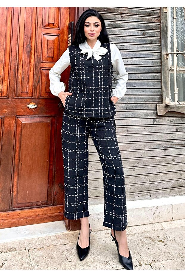Black Color Tweed Vest-Pants Set (Set of 2)
