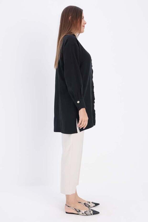 Siyah-Fırfırlı Gömlek Tunik - 3