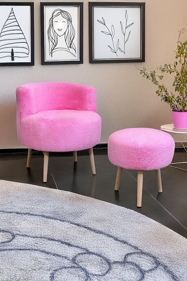 Çay Seti Tekli Koltuk Berjer Ve Pembe Puf Takımı (salon, Balkon, Ofis) 2 Li Takım - 1