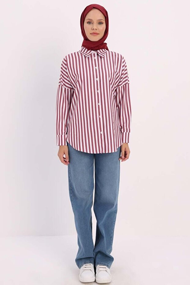 Bordo-Beyaz-Oversize Basic Gömlek - 2