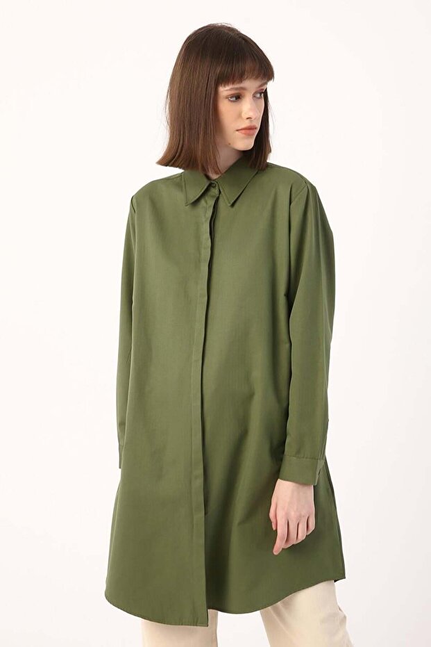 Khaki-Plus Size Shirt Tunic