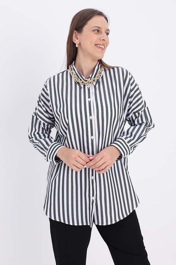 Beyaz-Siyah-Oversize Basic Gömlek - 1