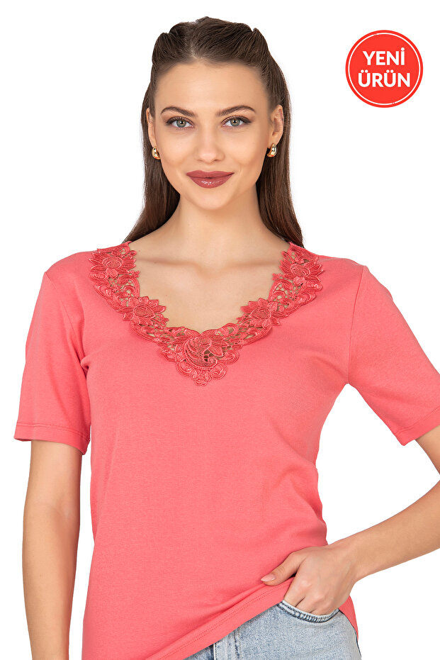 Özkan 2005 Women's 100% Cotton Stretchy Comfortable Lace Laced V Neck Short Sleeve Magnolia Singlet Undershirt