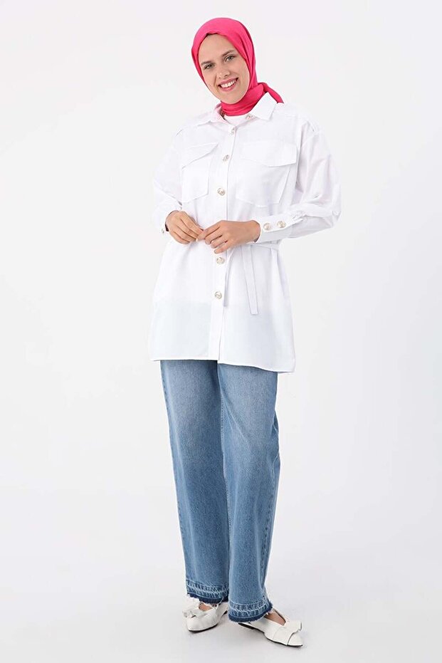 White-Applique Pocket Shirt Tunic