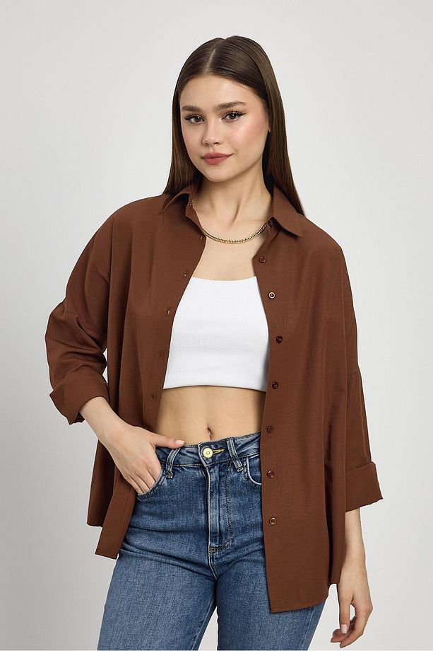 Acı Kahve Relaxed Fit Rahat Kesim Basic Gömlek - 6621a - 2