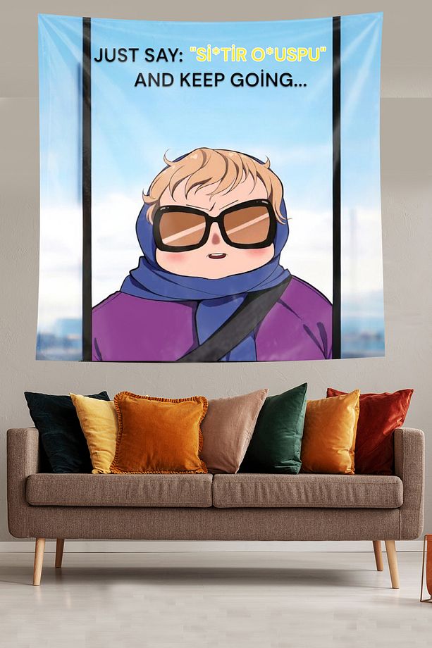 "Si*tir O*uspu Afedersin" Mizahçı Teyze Leke Tutmaz Kumaş Duvar Örtüsü Duvar Halısı Tapestry - 1