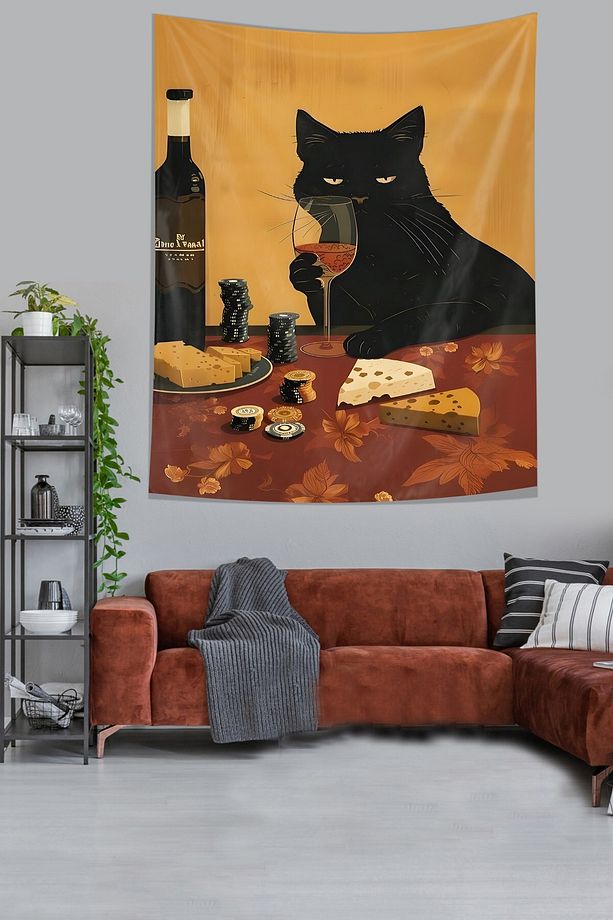 Siyah Karizma Şarapçı Kedi Kediler İyileştirir Leke Tutmaz Kumaş Duvar Örtüsü Duvar Halısı Tapestry - 3