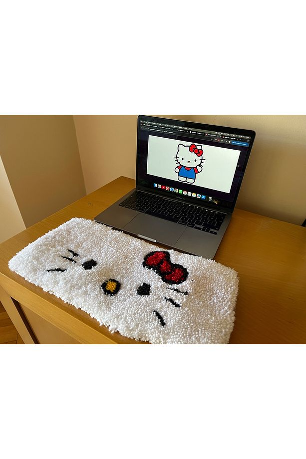 Hello Kitty Halı - Beyaz Klavye Halısı - Tufting El Dokuma Halı - Hobi Halısı - Dirsek Desteği - 2