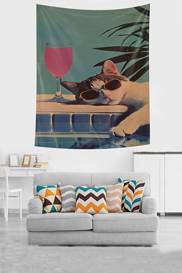 Holiday Lazy Cat with Glasses Nostalgic Car Stain Resistant Fabric Wall Cover Wall Tapestry Tapestry