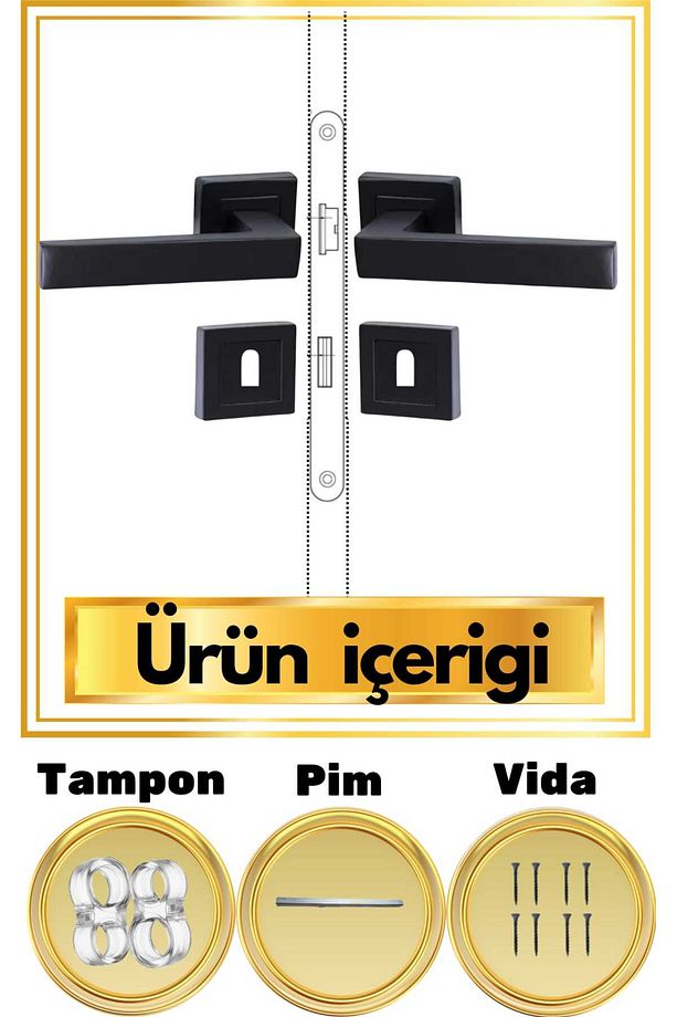 Kapı Kolu Lüks Lama Siyah Kare Rozetli Oda 2 Adet Koruma Tamponu - 1