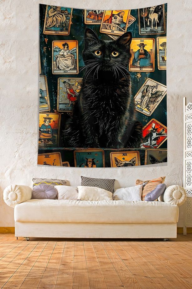 Tarot Kartları ve Sevimli Siyah Kedi Leke Tutmaz Kumaş Duvar Örtüsü Duvar Halısı Tapestry - 3