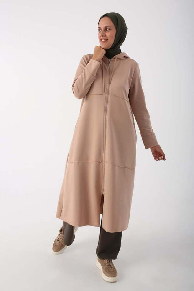 Beige Hooded Zipper Cardigan