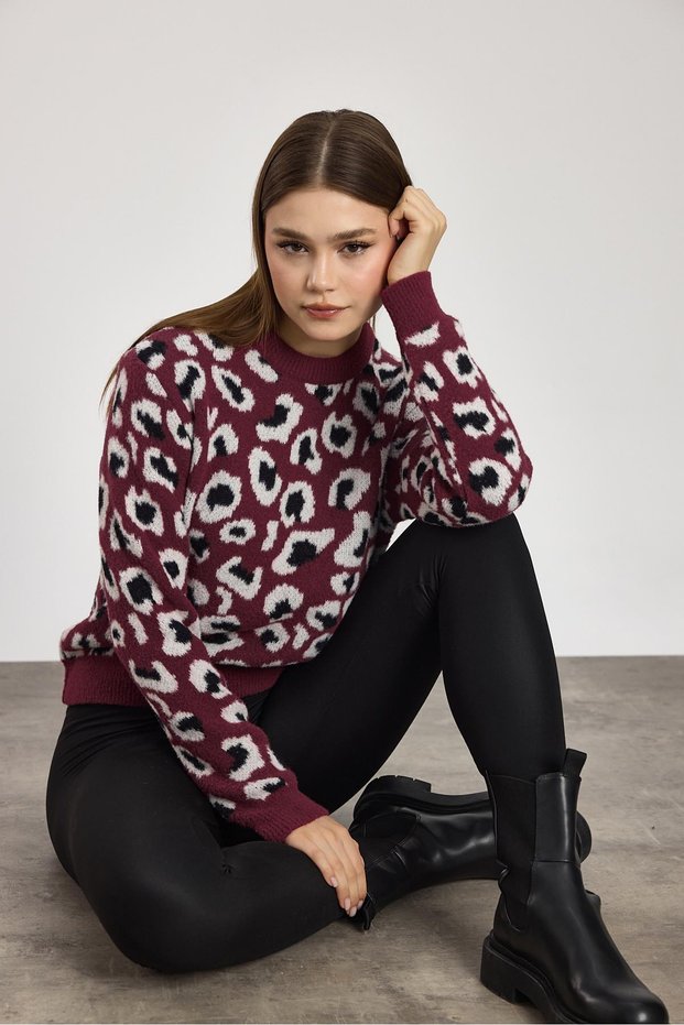 Burgundy Leopard Detail Knitwear Sweater 24342