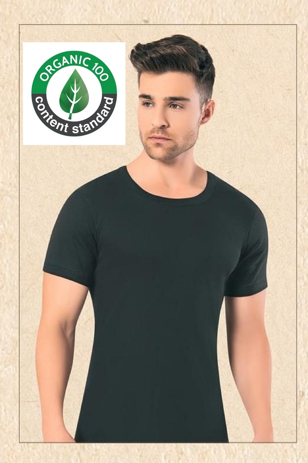 3 Pieces, 100% Organic Cotton, Wide Collar Men's T-Shirt & Undershirt, Black,