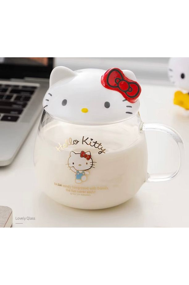 Cam bardak Hello Kitty Anime figürü kaşık süt suyu içecekleri ile kapak ile 400Ml su bardağı kahve - 1