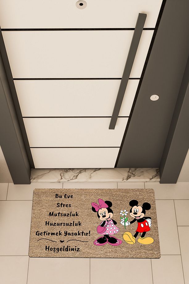 Yüksek Kaliteli Dijital Baskı Kahverengi, Minnie,Mickey temalı Kapı Önü Paspası - 1