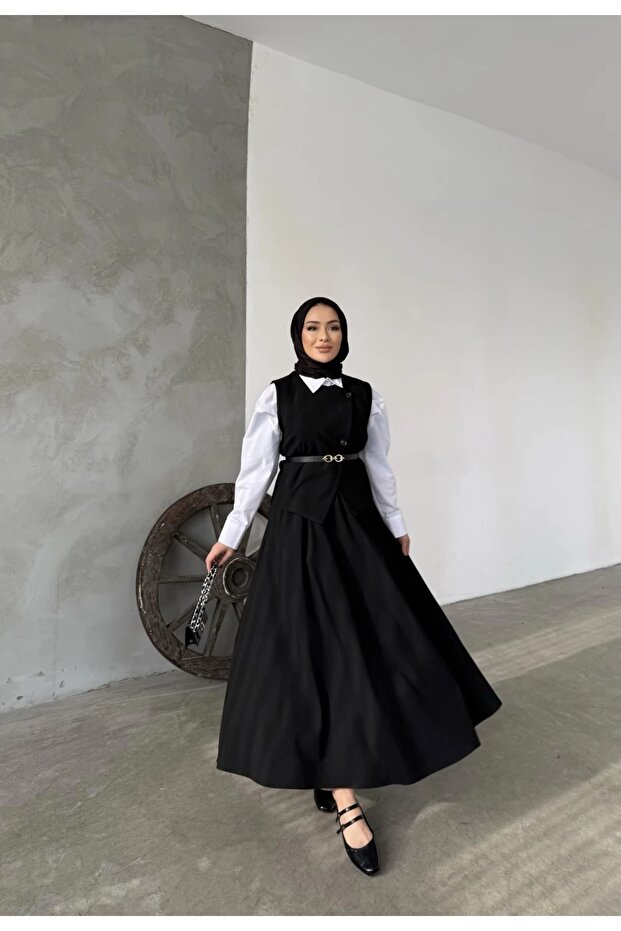 Hijab Belted Vest and Skirt Set - Black