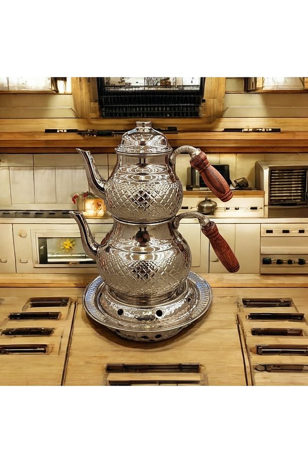 Bakır Çaydanlık & Bakır Demlik Osmanlı Ocaklı Lale, Çiçek Desenli El Yapımı Büyük Boy Çaydanlık - 1