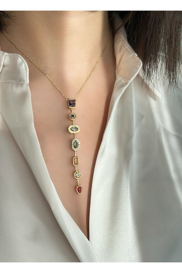 Colorful Baguette Stone Long Gold Necklace