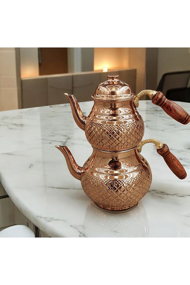 Bakır Çaydanlık & Bakır Demlik Piramit Desenli Çekiç Dövme Nikelli El Yapımı Büyük Boy Çaydanlık - 3