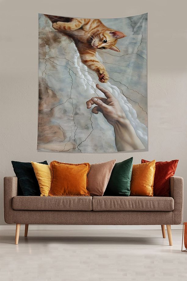 Rönesans Ademin Yaratılışı Mizah Kedi Patisi Leke Tutmaz Kumaş Duvar Örtüsü Duvar Halısı Tapestry - 3
