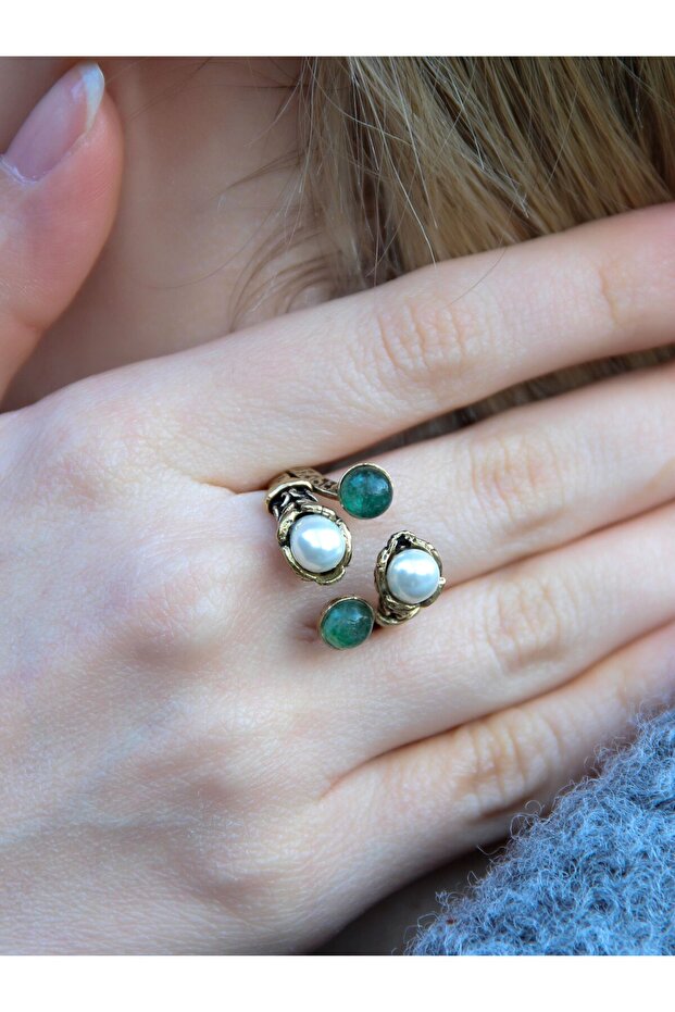 Natural Stone Green Agate Natural Stone with Pearls 4-Piece Adjustable Antique Ring