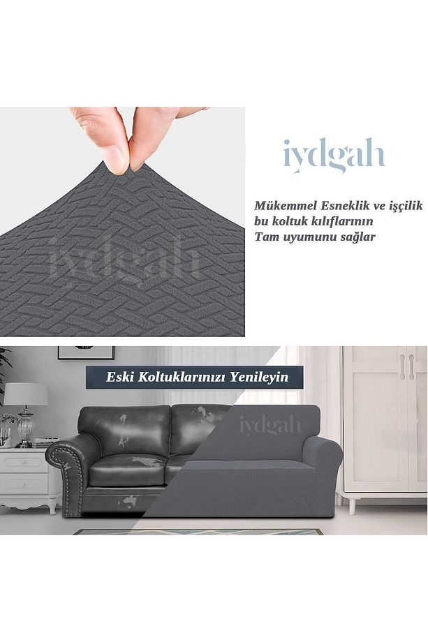 Tuğla Desen Koltuk Örtüsü Lastikli Kayma Yapmayan 3 Kişilik Çekyat Kanepe Kılıfı 1 Adet Antrasit - 4