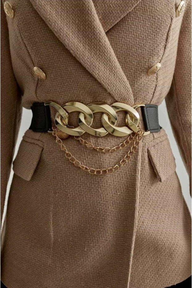 Chain Detailed Elastic Women's Belt, Coat Belt, Shirt Belt, Dress Belt