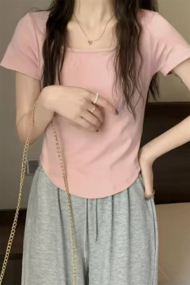 Ροζ Basic Y2K κοντομάνικο Crop - 2