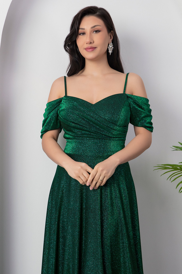 Düşük Omuz Askılı Simli Elbise 39949 - 2