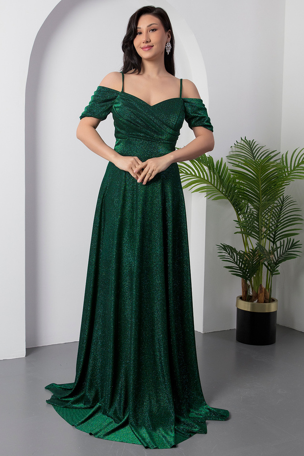 Düşük Omuz Askılı Simli Elbise 39949 - 4