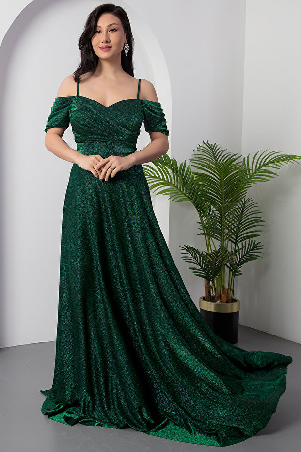 Düşük Omuz Askılı Simli Elbise 39949 - 5