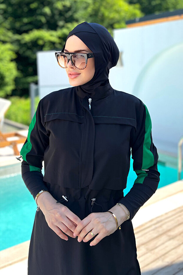 Sports Lycra Full Closed Hijab Swimsuit Silver 4578 Black