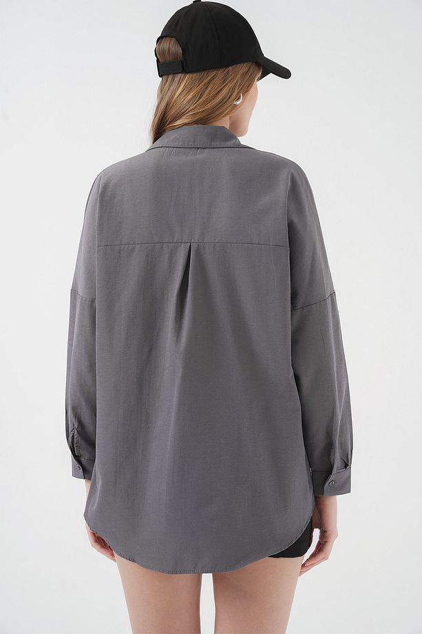 Kadın Gri Düz Oversize Uzun Basic Gömlek 3900 - 6
