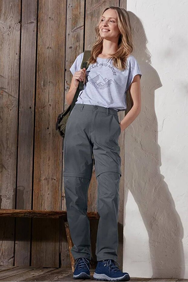 بنطلون نسائي عملي سادة بقصّة عادية، رمادي غامق - 1