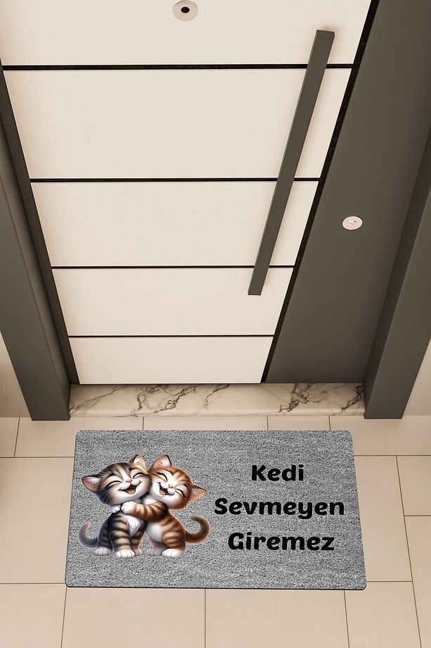Yüksek Kaliteli Dijital Baskı Gri, sevimli, kedi sevmeyen Giremez temalı Kapı Önü Paspası - 1