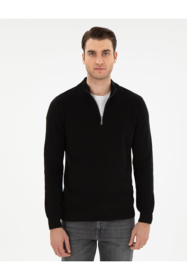 Black Slim Fit Zippered Stand Collar Knitwear Sweater 50297123-Vr046