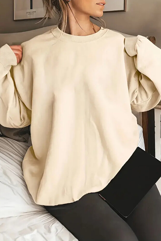 Kadın Bisiklet Yaka Basic Oversize Sweatshirt - 1