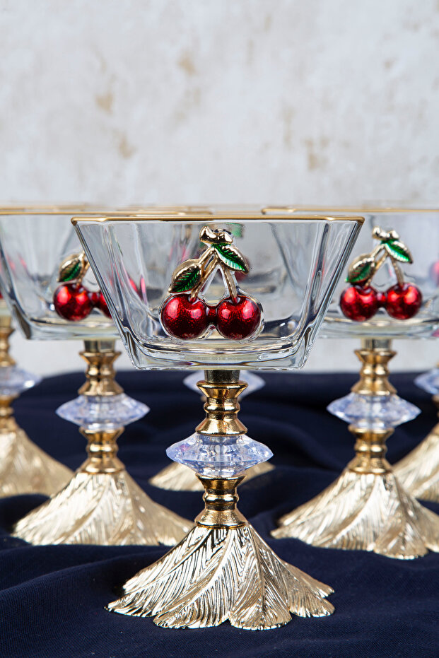 Krn Cherry Detailled Ice Cream Bowl - Milk Dessert Bowl Square 6-Piece Set